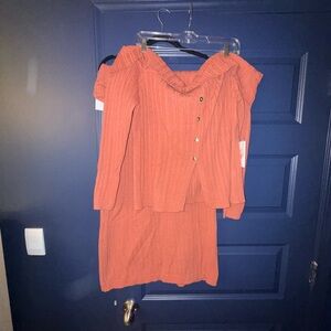 Eloquii Ribbed Off-Shoulder Two-Piece Set in Rust Orange